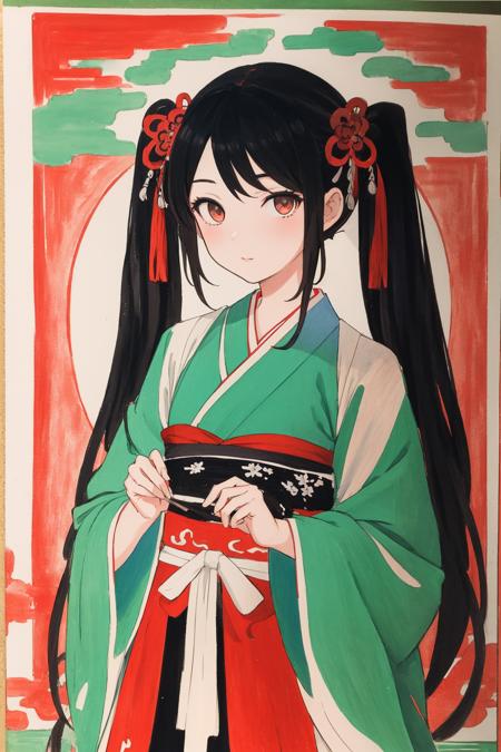 21569-319964392-masterpiece, best quality,1girl, dunhuang,   long hair, looking at viewer, twintails, black hair, hanfu,  traditional media,.png